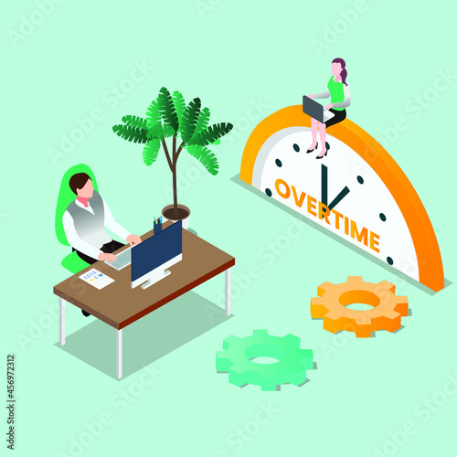 Overtime 3d isometric vector illustration concept for banner, website, landing page, ads, flyer