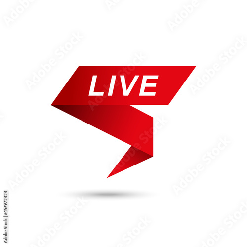 Live word sign information banner mockup for television broadcast or online stream from a red broken 3D ribbon with a shadow.