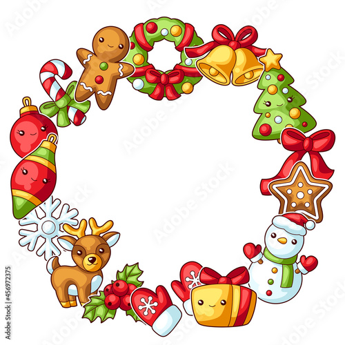 Sweet Merry Christmas decorative frame. Cute characters and symbols. Holiday background in cartoon style.