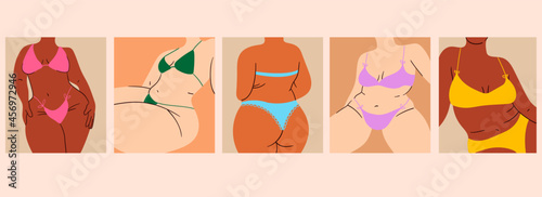 A collection of plump womens. Plus size women in nude swimwear. Vector illustration in cartoon style.
