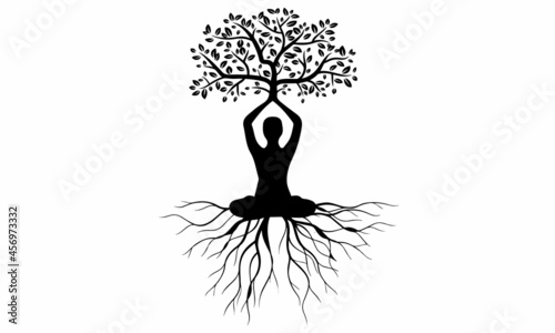 Meditation with tree root vector , yoga silhouette with tree. Meditation with nature 
