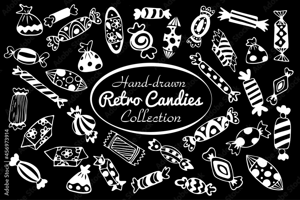 A collection of hand-drawn candies and bonbons retro style, vintage confectionery doodles A collection of hand-drawn candies and bonbons retro style, vintage confectionery doodles