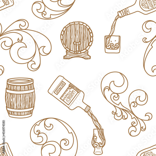 Seamless vector pattern with hand drawn, vintage themed whiskey elements