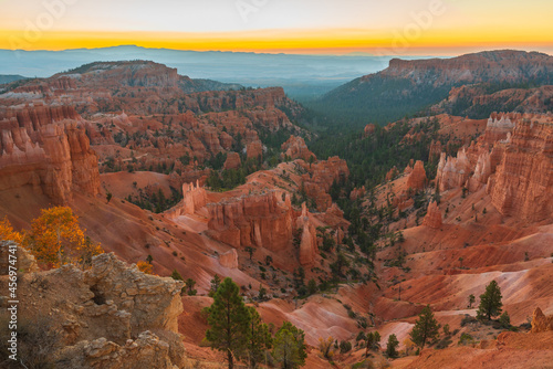 Bryce Canyon sunrise. Beautiful red rocks and colorful sky background