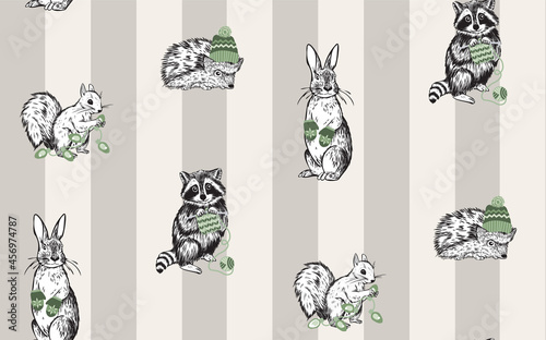 Seamless pattern with hand drawn forest animals and holiday items on a beige striped background
