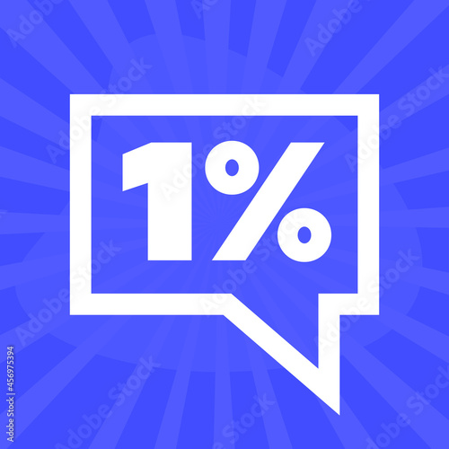 1%. one percent in square speech bubble. icon with only one color. blue background. eps10