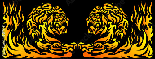 tiger and fire background in ornament. Tribal illustration of animal in fire. Creative and cool abstract background