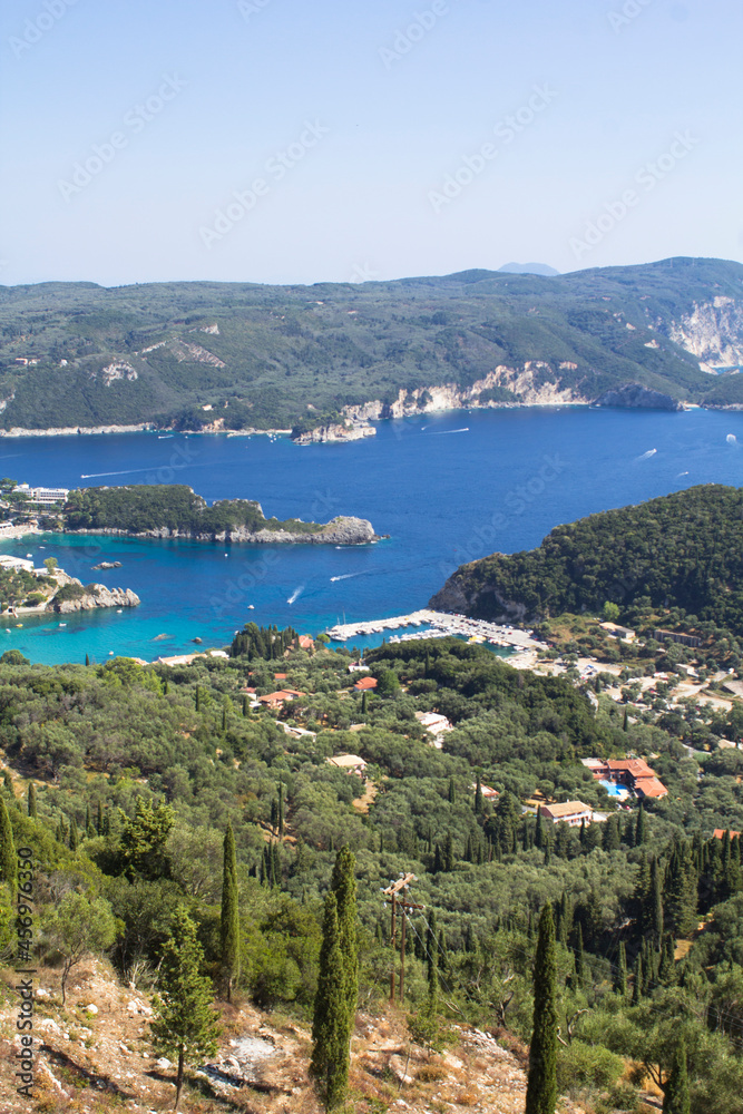 Panoramic view of the sea and coast on the sunny day. Corfu. Greece.
