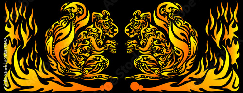 squirrel bakgroun and fire in ornament. Tribal illustration of animal in fire. Creative and cool abstract background