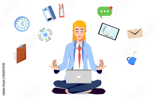 Relaxed Businesswoman doing Yoga. Happy Man wearing suit and sitting in Lotus Pose. Meditation in the Office. Focus and Concentration on the Job Concept. Vector Cartoon Character.