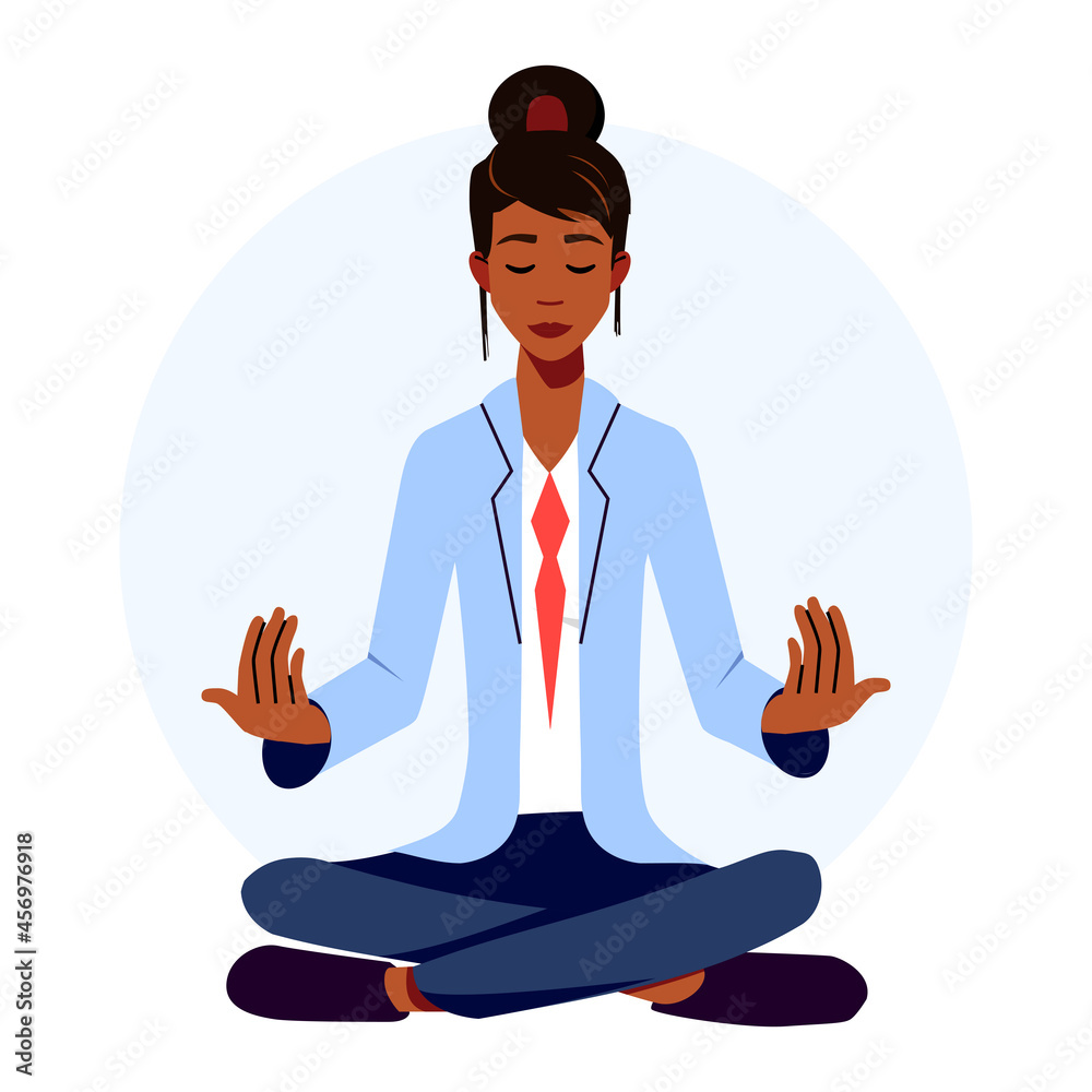 Relaxed Businesswoman doing Yoga. Happy Man wearing suit and sitting in Lotus Pose. Meditation in the Office. Focus and Concentration on the Job Concept. Vector Cartoon Character.
