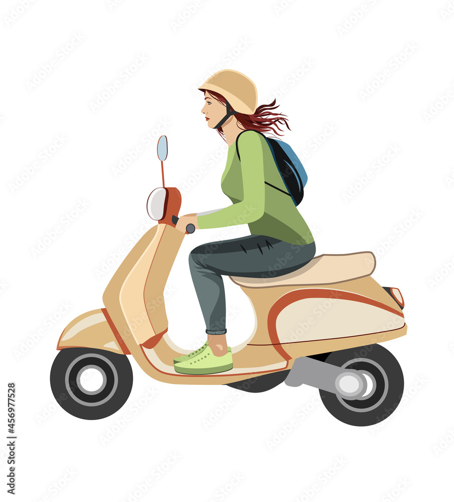 Girl riding scooter with helmet and backpack. City transport, motorcycle, bike, retro vehicle illustration. Colored drawing isolated on white. Urban transportation
