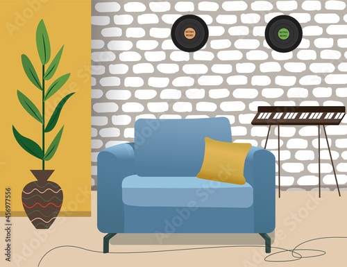 Room interior with musical instruments, gramophone records, potted plant, brick wall and sofa. Living room, music studio, hall.