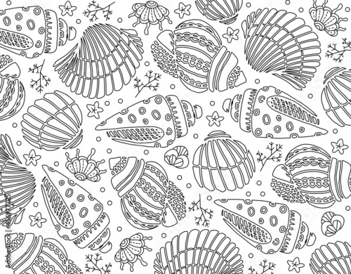 Hand drawn coloring page for kids and adults. Summer beach, sea shells, starfish, ocean. Beautiful drawing with patterns and small details. Coloring book pictures. Vector