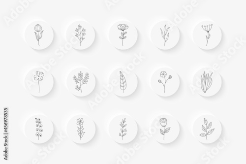 Story highlight cover set. Hand drawn floral botanical icons for social media.