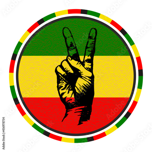 Black Silhouette of Victory Hand. Two Fingers Up Gesture on Green Yellow Red Flag Background. Round Rastaman Emblem. Vector Illustration.

