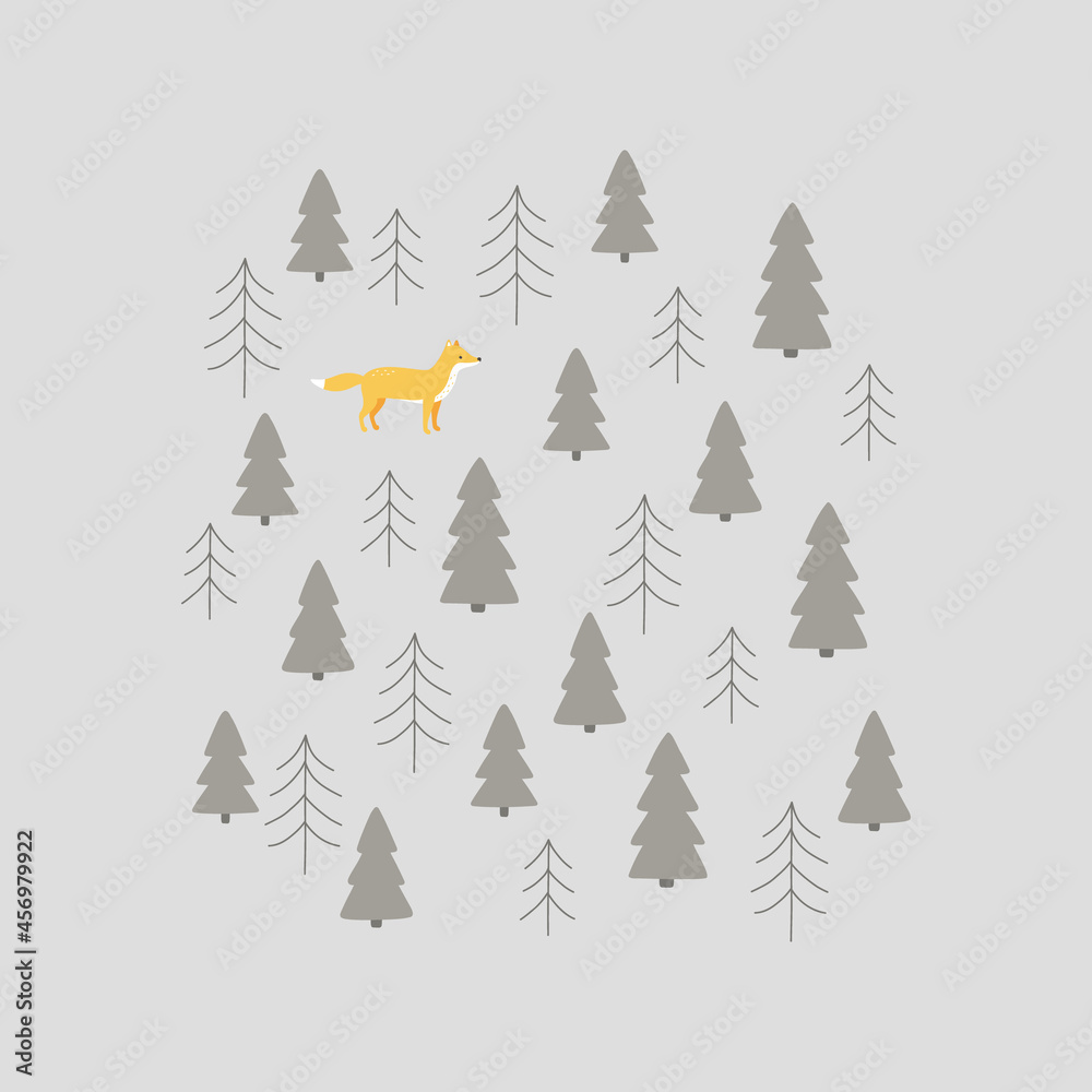 Vector winter forest composition - fox, spruce, pine