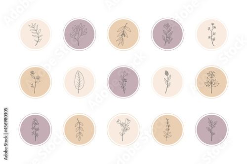 Hand drawn Instagram story highlight cover set. Doodle sketch style with flower and leaf highlight story cover icons for social media.
