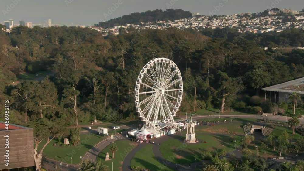 Aerial: SkyStar observation wheel. Golden Gate Park, San Francisco.