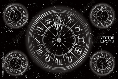 Black and White Round Frame with Zodiac Signs. Horoscope Symbol. Panoramic Sky Map of Hemisphere. Bright Constellations on Starry Night Background. Vector. 3D Illustration