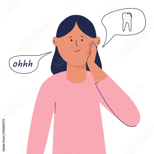 Toothache. The girl holds her cheek with her hand. She has a toothache. Acute toothache. Dental problems. Teeth hurt. Oral cavity treatment. Vector illustration. 