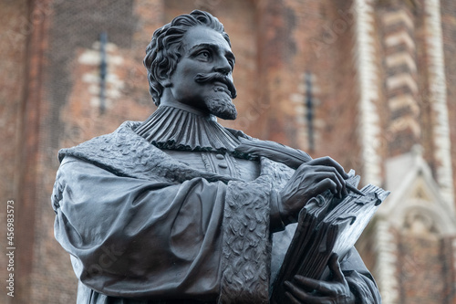 Detail of the statue of Hugo de Groot in Delft, Zuid-Holland province, The Netherlands