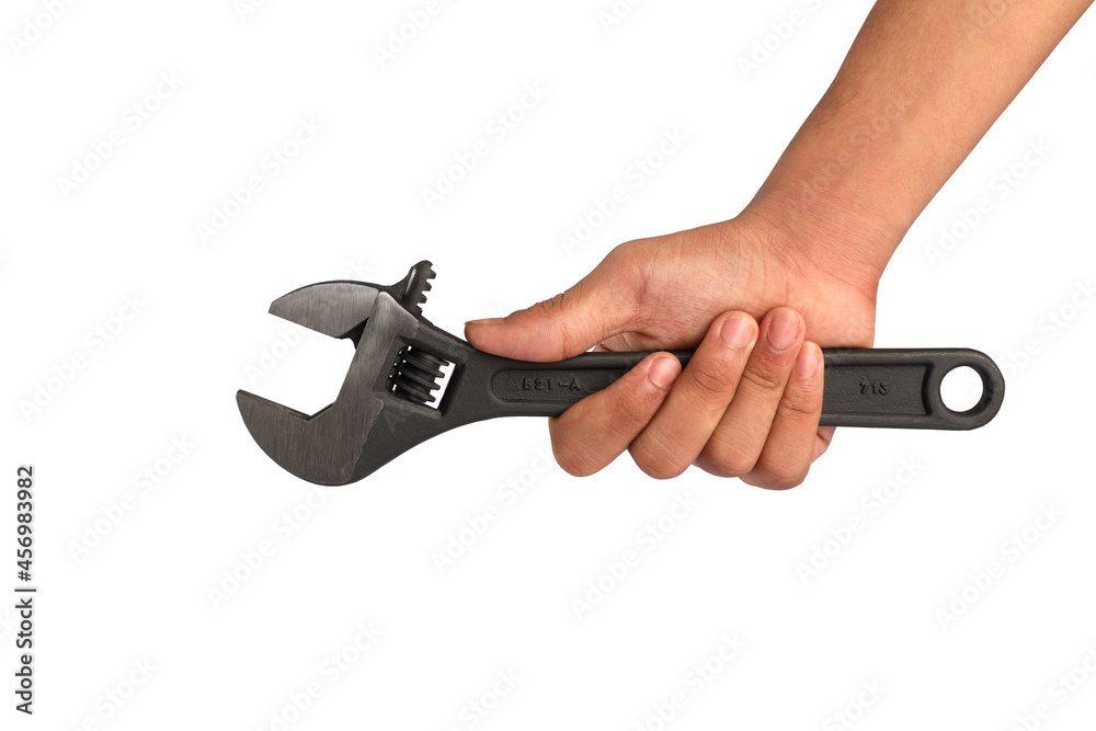 hand holding Adjustable spanner on white background hand holding Adjustable spanner on white background