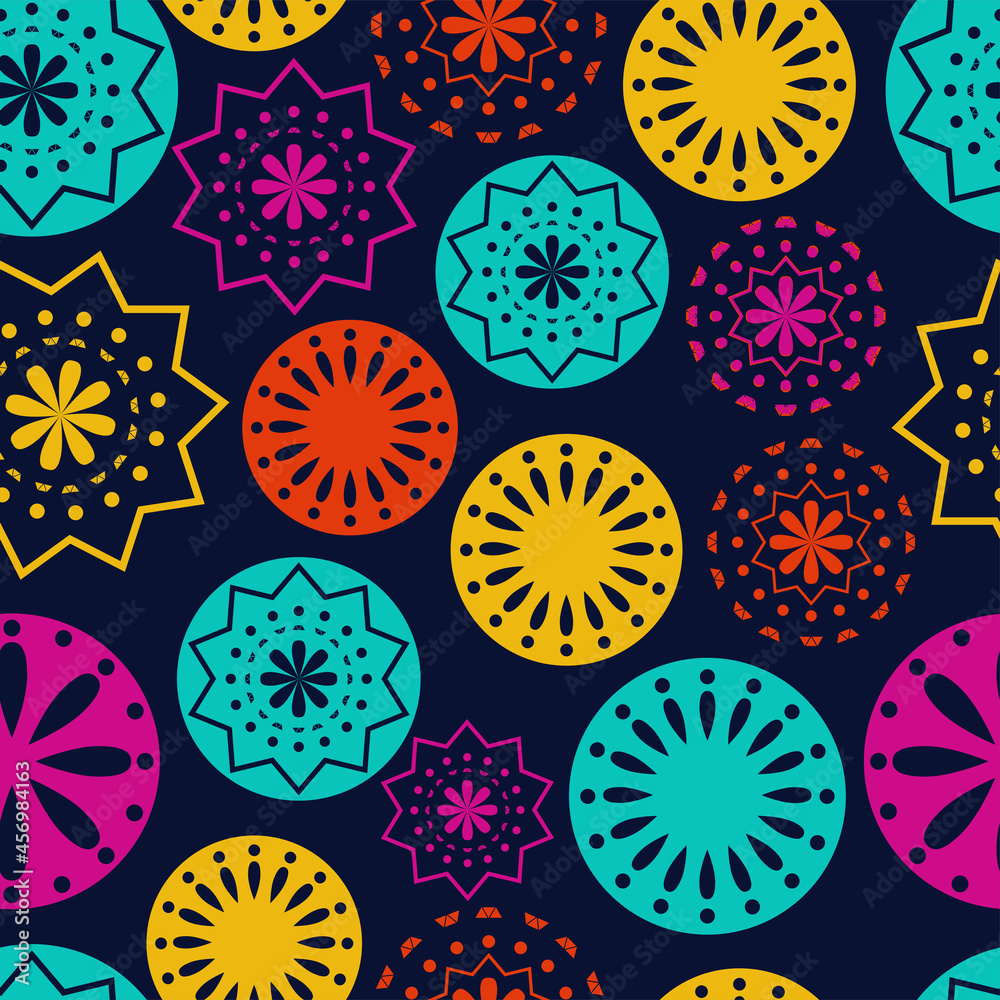 Vector. Perforated bright patterns Papel Picado pattern on a colored background. Hispanic Heritage Month. Polygonal seamless pattern for web banner, poster, cover, splash, social network.
