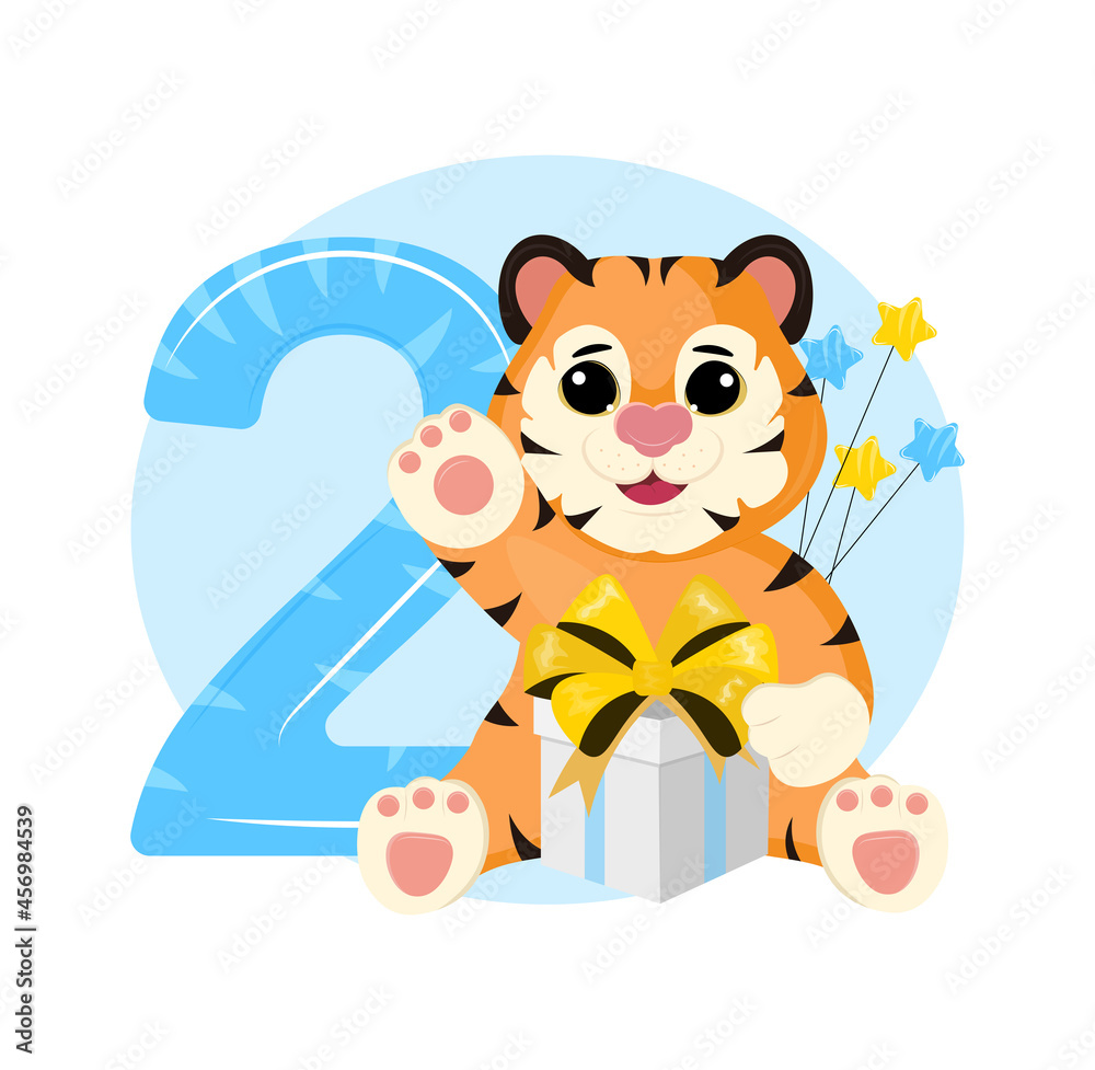 Baby tiger birthday invitation card. Cute cartoon tiger. Big number two.  Kids party invitation. Stock Vector | Adobe Stock