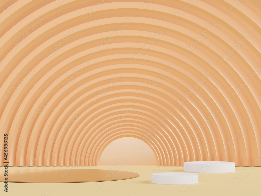 Obraz premium Podium for product placement with Retro modern and contemporary design. 3d rendering minimal scene for mock up and showing brand. Pedestal platform for cosmetic advertise. Various of arch simple.