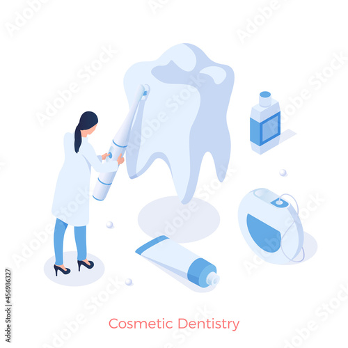 Cosmetic aesthetic dentistry. Whitening teeth and prevention of gums and enamel. Elimination of chips and calculus. Prophylaxis and treatment of healthcare. Vector illustration isometric