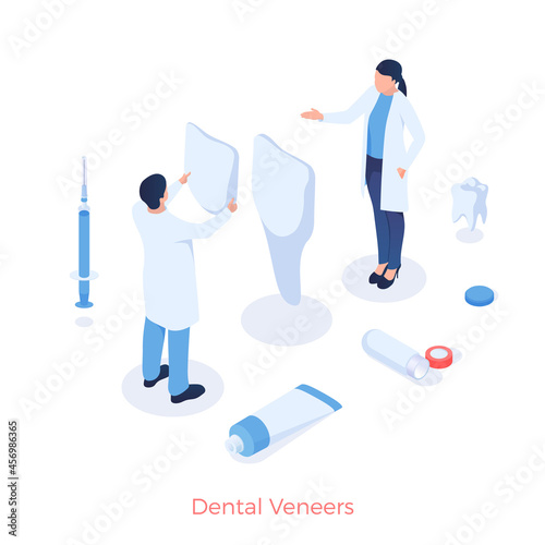 Dental aesthetic veneers. Dentists put on healthcare cosmetic and medical dental onlays. Nice treatment bite and white enamel with beautiful smile. Vector illustration isometric template