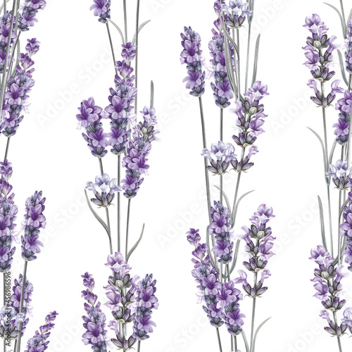 Watercolor seamless pattern of blooming lavender. Laves, flower and branches.