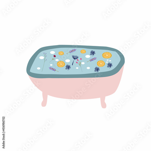 Nice bathtub with foam, aromatic flowers, lmine and all sorts of oils. The concept of meditation, self-love and relaxation. Vector illustration