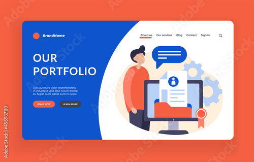 Creation of web portfolio. Online resources with personal achievements and creative ideas. Website marketing presentation with awards and certificates for qualifications. Vector home page flat banner