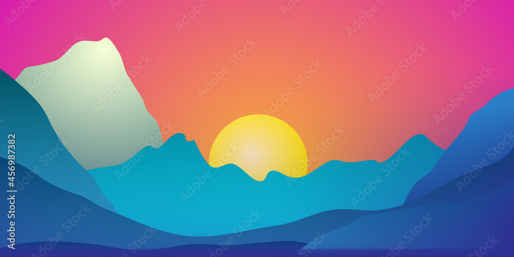 Fantastic landscape with mountains and setting sun