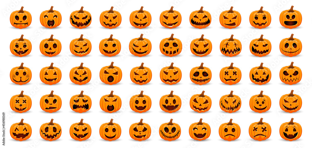 Big Set pumpkins on white background. The main symbol of the Happy Halloween holiday. Orange and white pumpkin with smile for your design for the holiday Halloween. - obrazy, fototapety, plakaty 