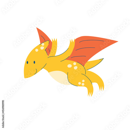 cute little pterodactyl dinosaur. Cartoon flying dino pteranodon. Yellow prehistoric monster dragon. An ancient animal. Stock vector flat illustration on a white background.