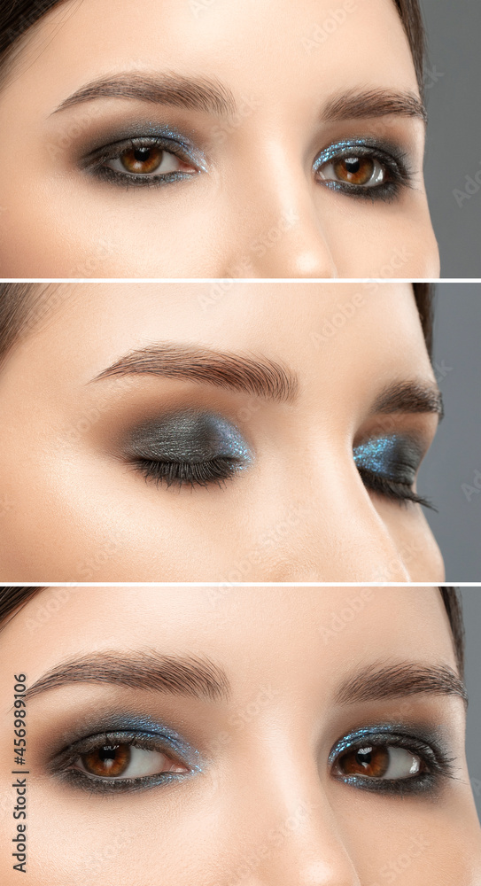 Fototapeta premium Portrait of attractive girl with healthy clean skin and beautiful make-up. Aesthetic cosmetology and makeup concept.