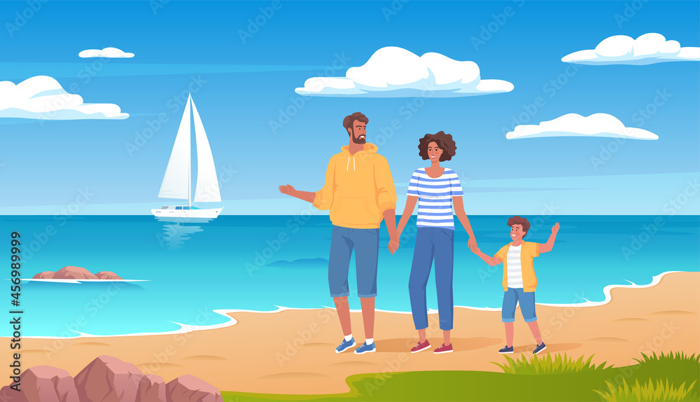 Happy cute family vacation cartoon vector illustration. Young father, mother and son walking long the sea coast 