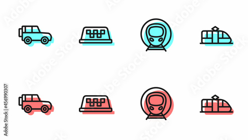 Set line Train and railway, Off road car, Taxi roof and Tram icon. Vector