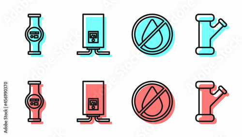 Set line Water drop forbidden, Water meter, Gas boiler with a burning fire and Industry metallic pipe icon. Vector