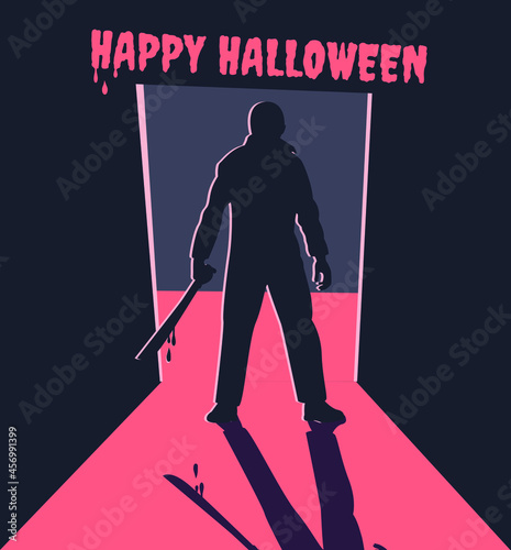 Scary silhouette in the doorway. Killer with machette. Halloween