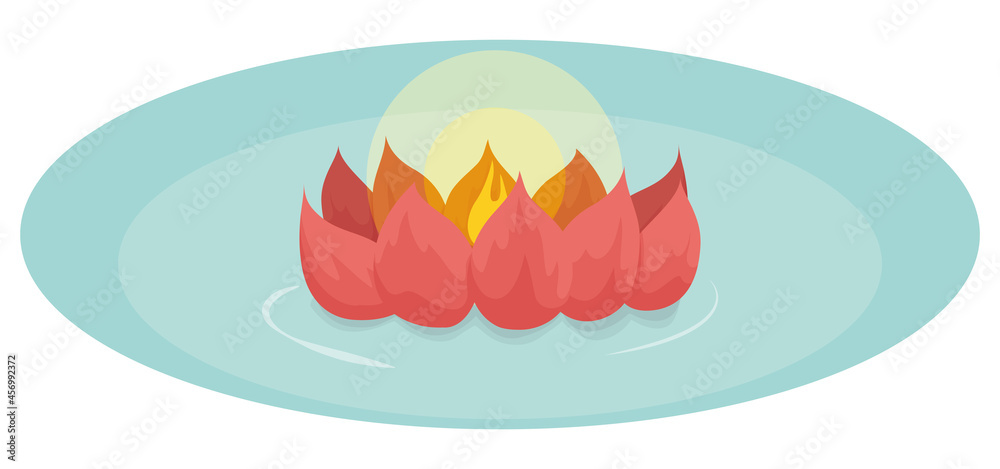 Floating lotus flower with lighted candle over water, Vector illustration