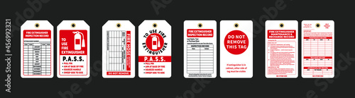 Fire Extinguisher Inspection Record Tag vector illustrations. Four types of front and back design templates. Isolated on black background.