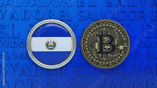 3d rendering of a badge with the Salvadoran flag next to a gold and black metallic bitcoin on a blue background.