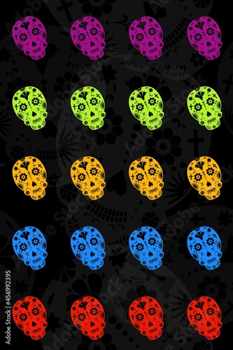 Day of the Dead seamless vector pattern. Mexican holiday Dia de los Muertos background with colorful and semi transparent skulls. Cut out paper skull design for card, banner, flyer.