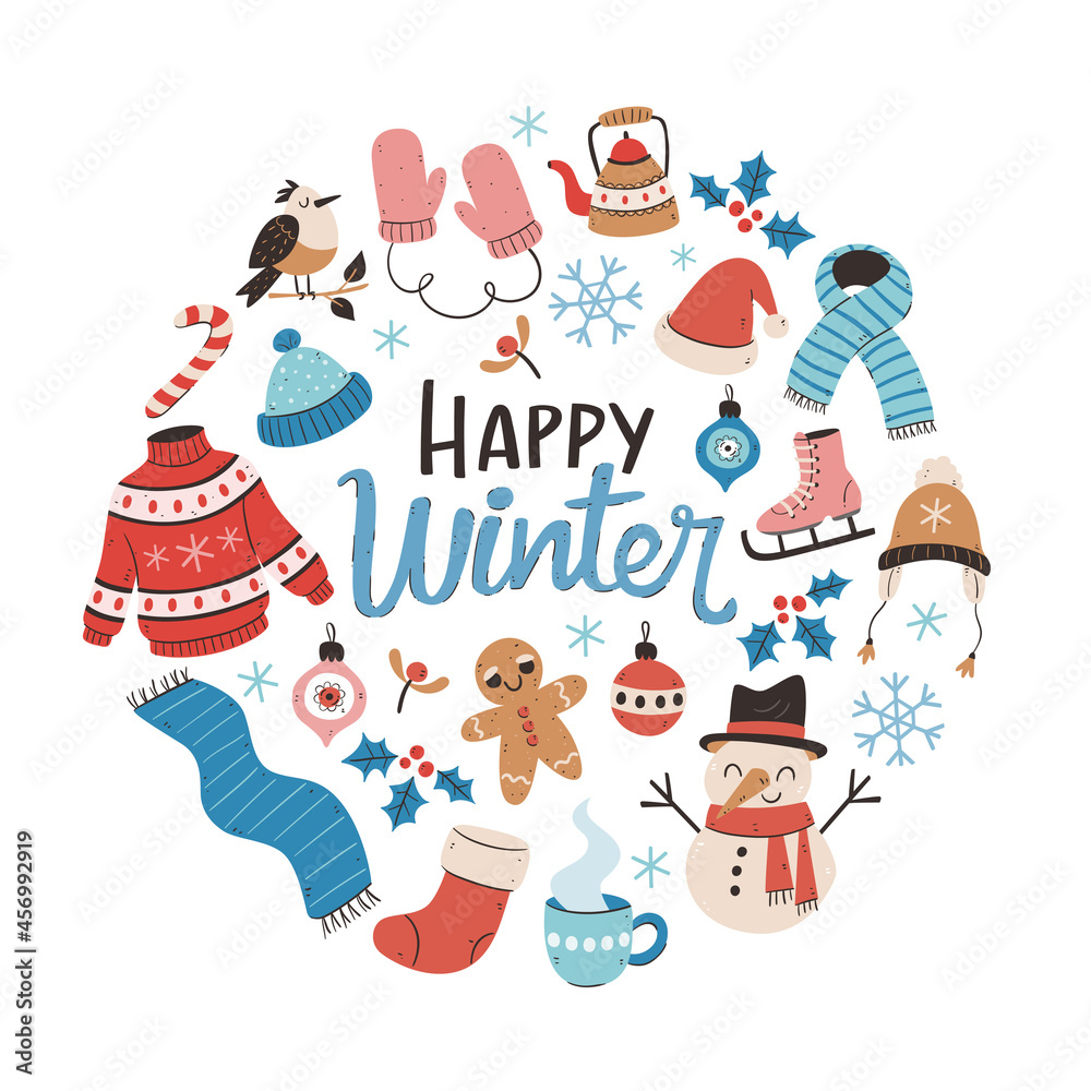 Hand drawn winter card with winter elements. Winter clothes, snowman, birds, leaves and christmas decoration. Colorful vector illustration with isolated elements.
