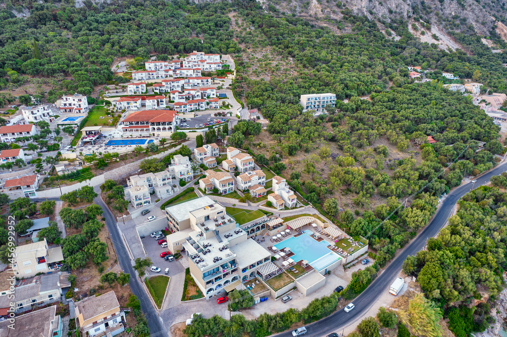 Aerial drone view over Mparmpati resort village, east of Corfu island, Greece.