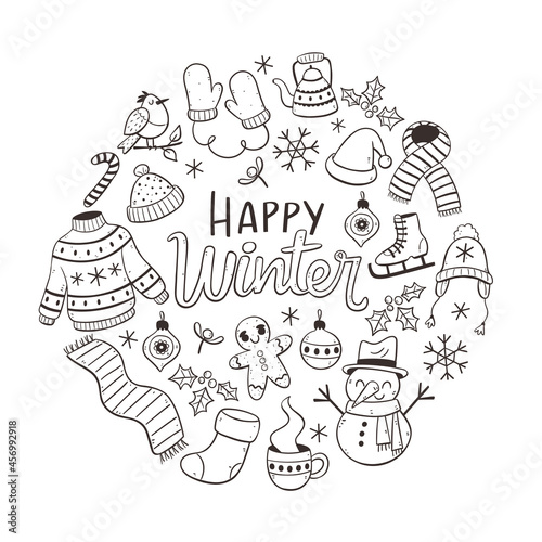 Hand drawn winter card with winter elements. Winter clothes, snowman, birds, leaves and christmas decoration. Doodle vector illustration with isolated elements.